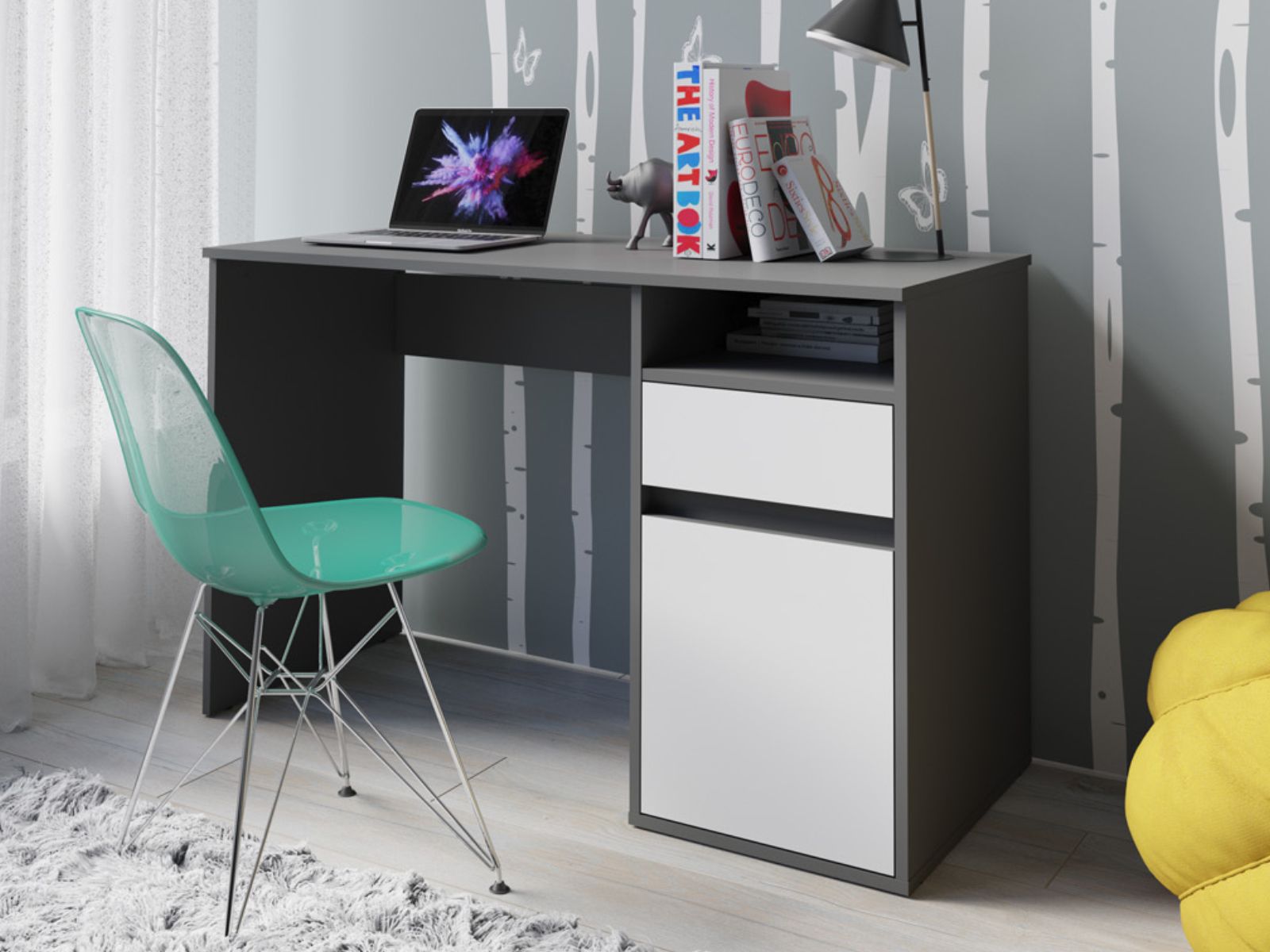 Bureau BIDOU 1 porte 1 tiroir graphite/blanc