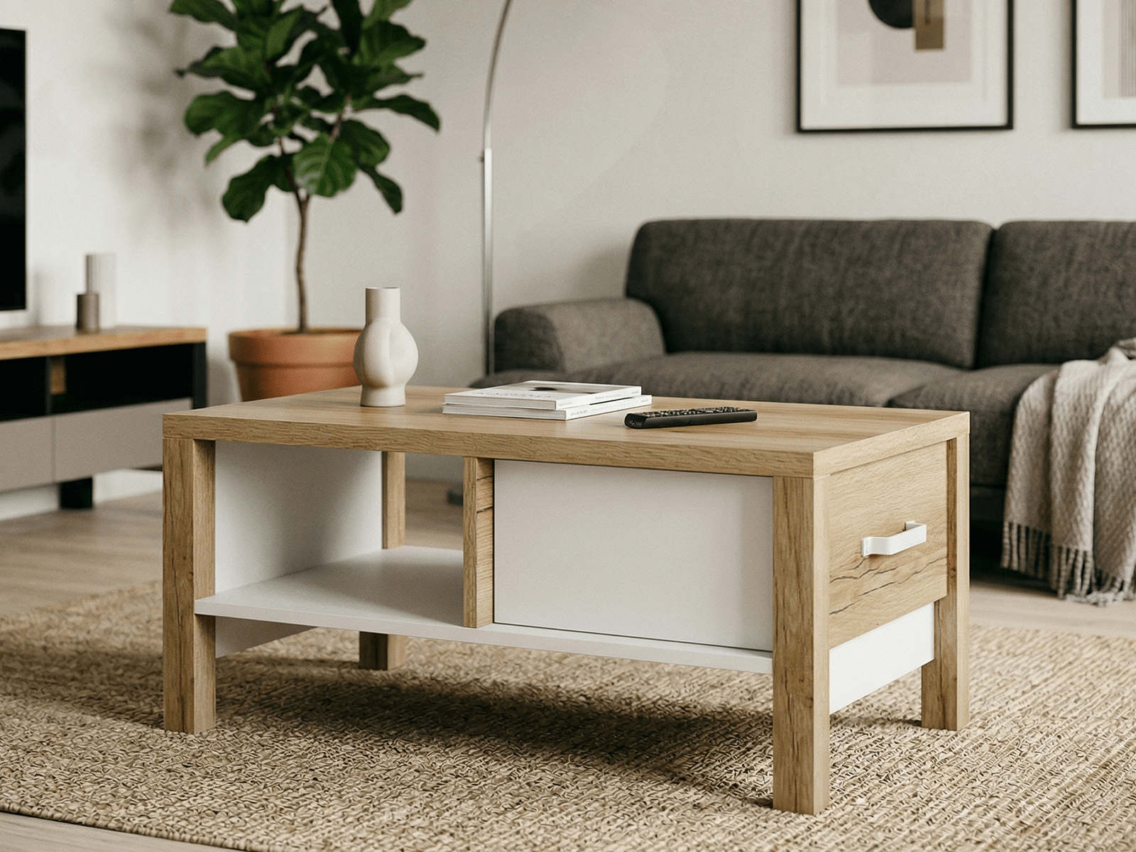 Table basse OLIANNE 90 cm chêne naturel/blanc