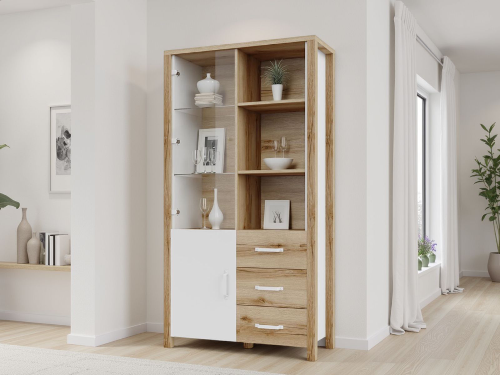 Vitrine OLIANNE 2 portes 3 tiroirs chêne naturel/blanc