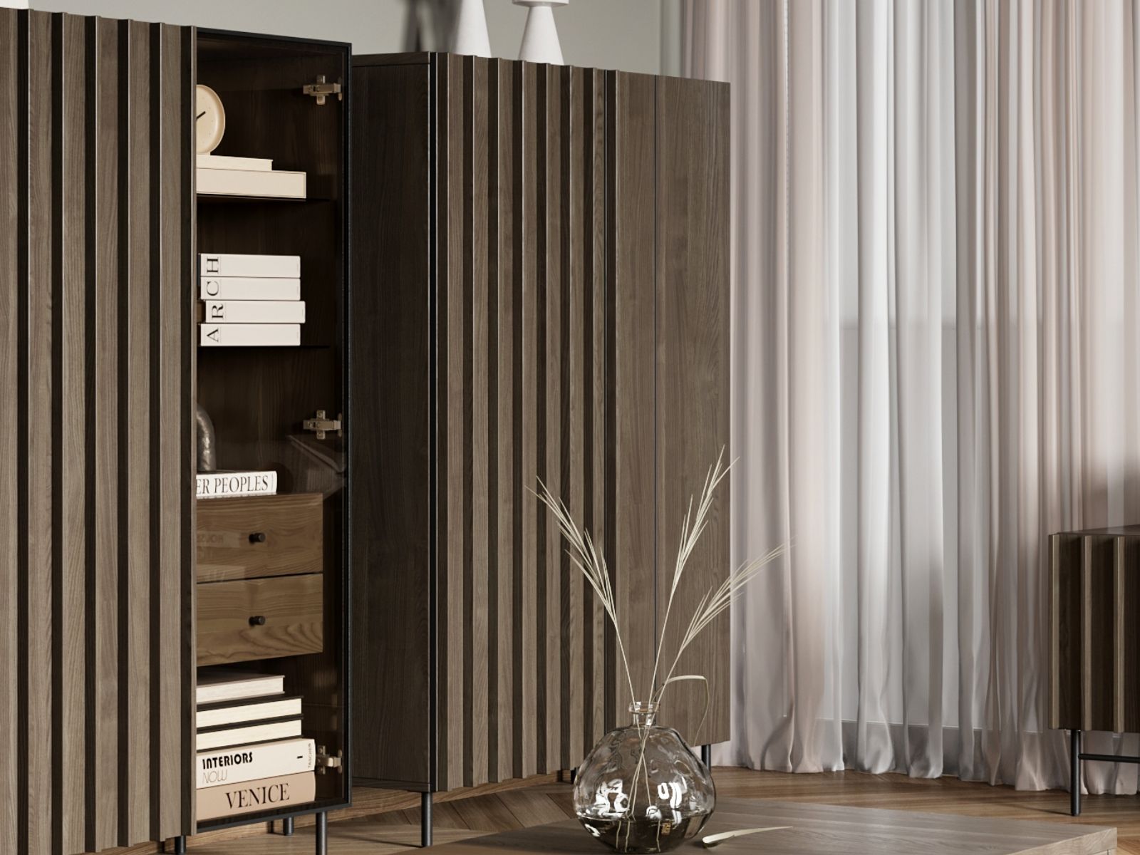 Commode haute PELOSA 2 portes frêne portland/noir