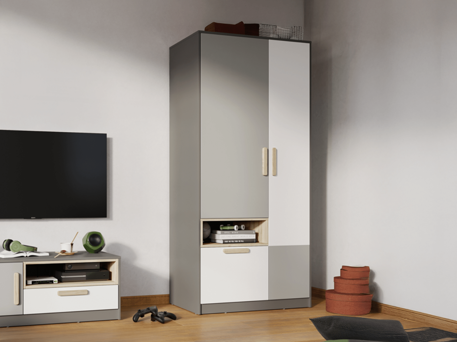 Armoire PIKA 2 portes 1 tiroir blanc/gris clair