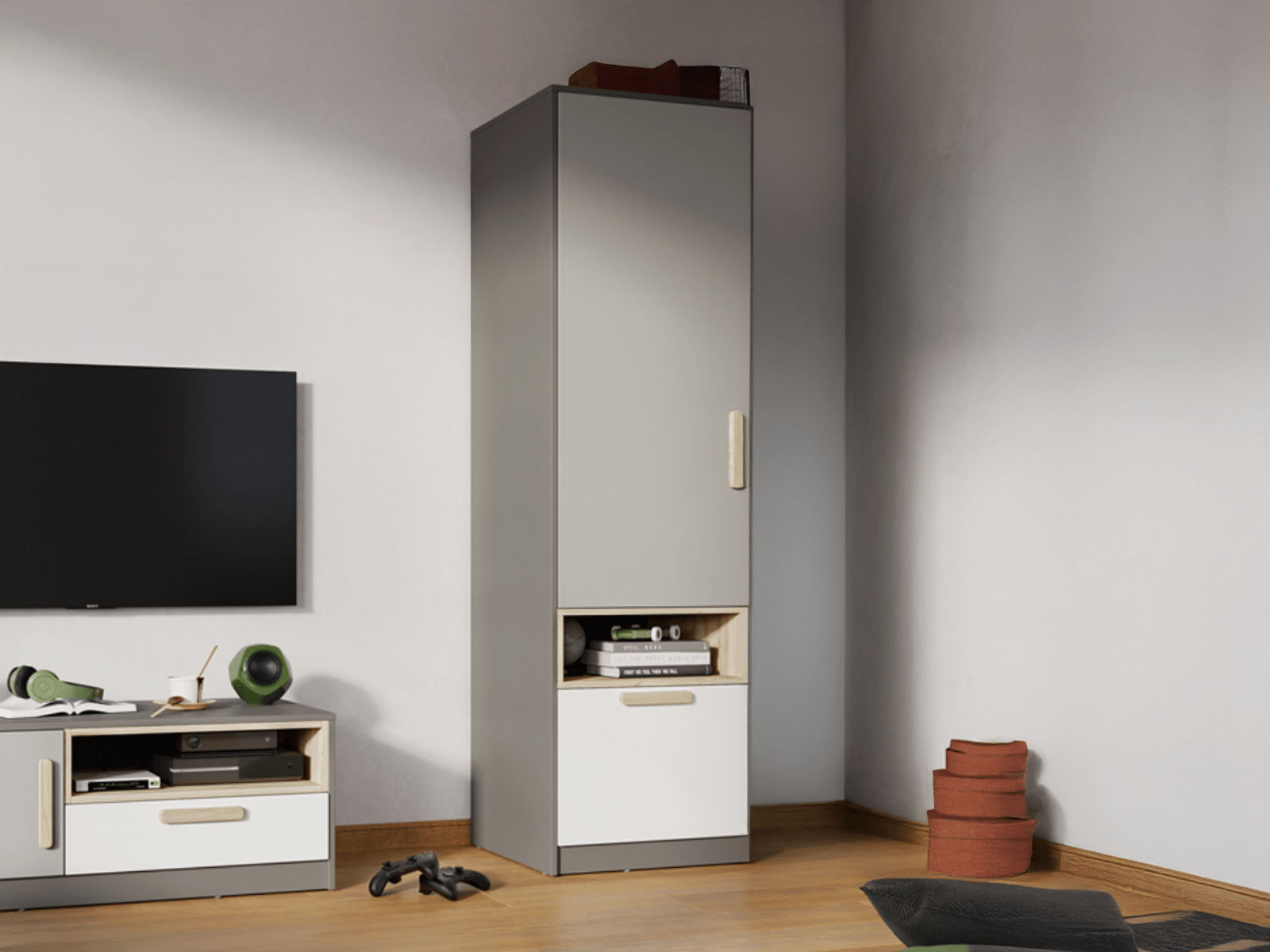 Armoire PIKA 1 porte 1 tiroir blanc/gris clair