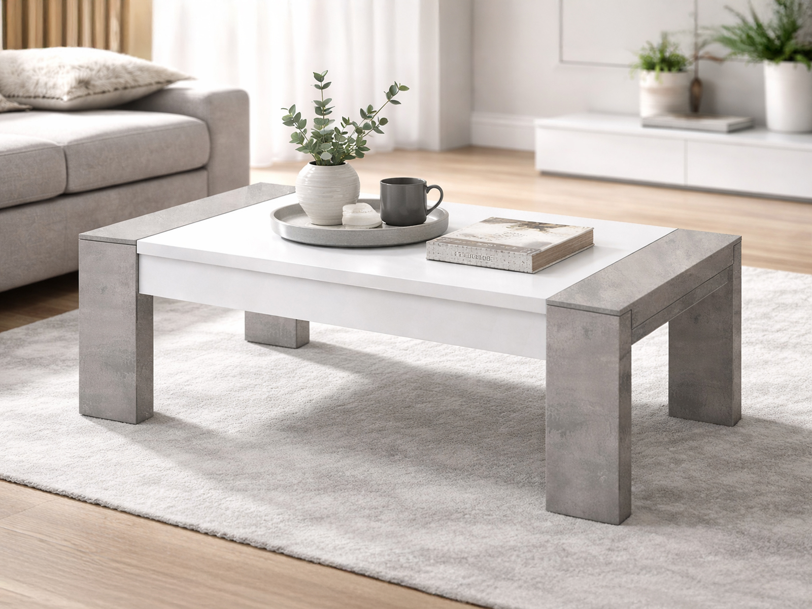 Table basse rectangulaire RANDY 130 cm béton/blanc