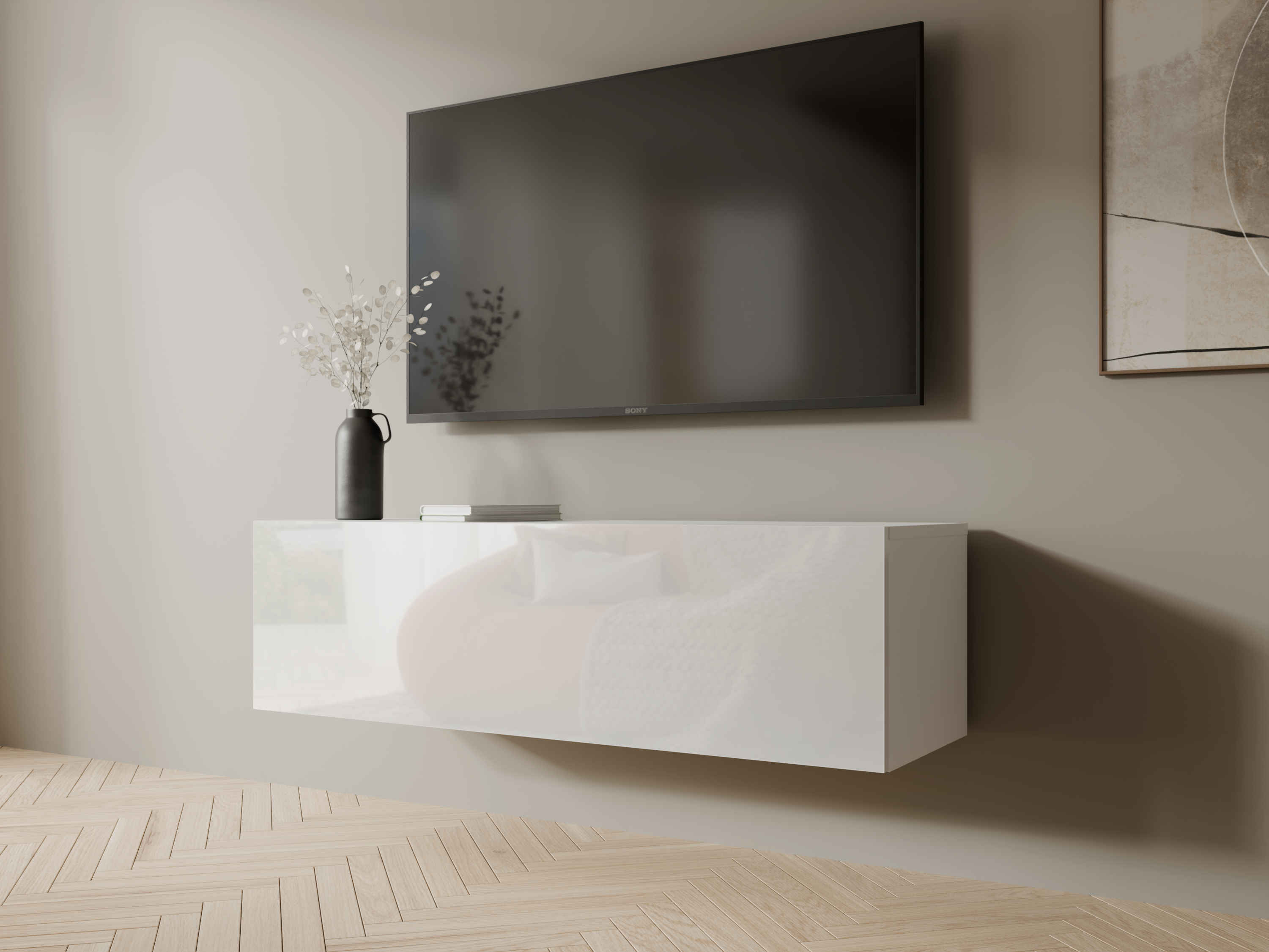 Meuble tv-hifi KINGSTON 1 porte battante 105 cm blanc/blanc brillant