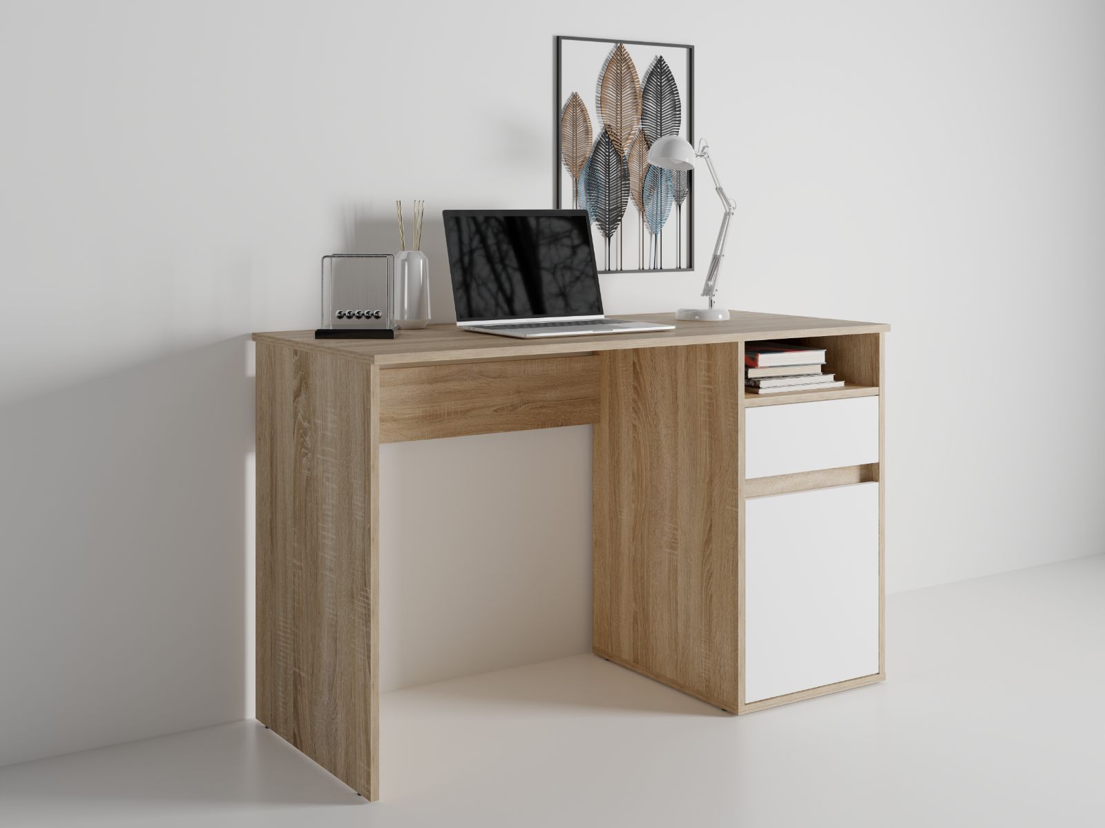 Bureau BIDOU 1 porte 1 tiroir chêne sonoma/blanc