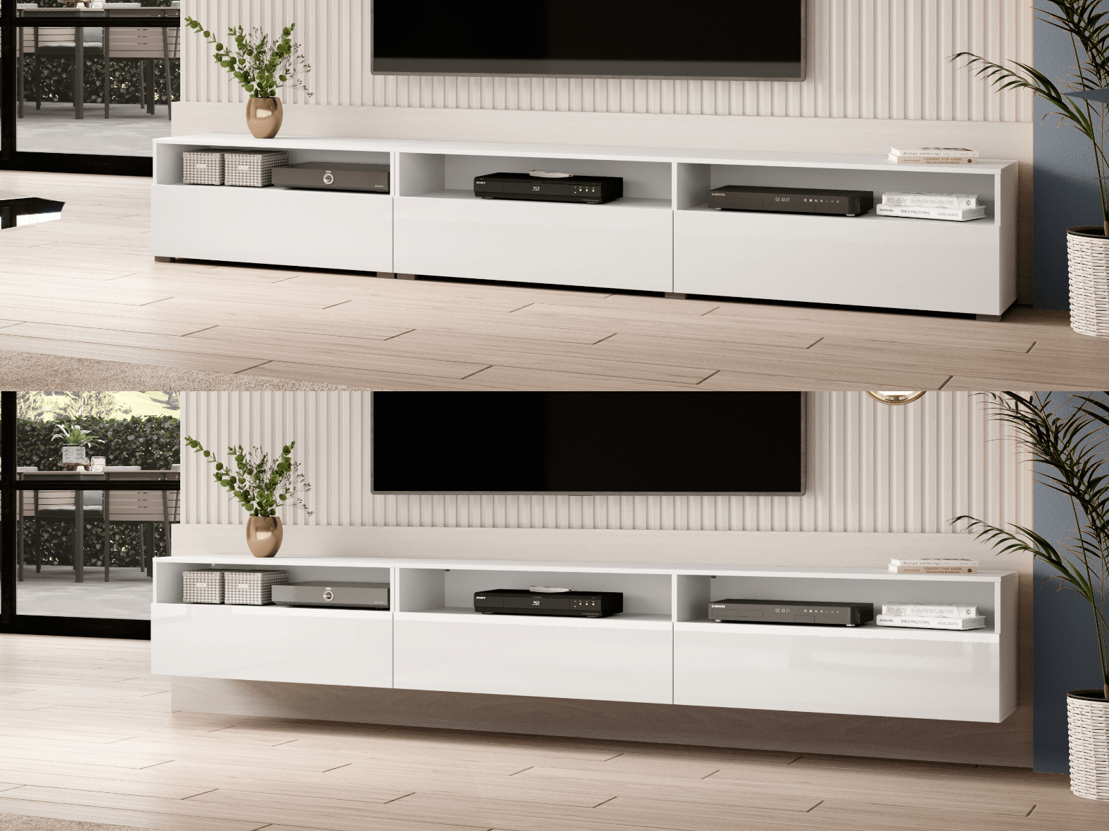 Meuble tv-hifi BABEL II 3 portes 3 niches blanc/blanc laqué